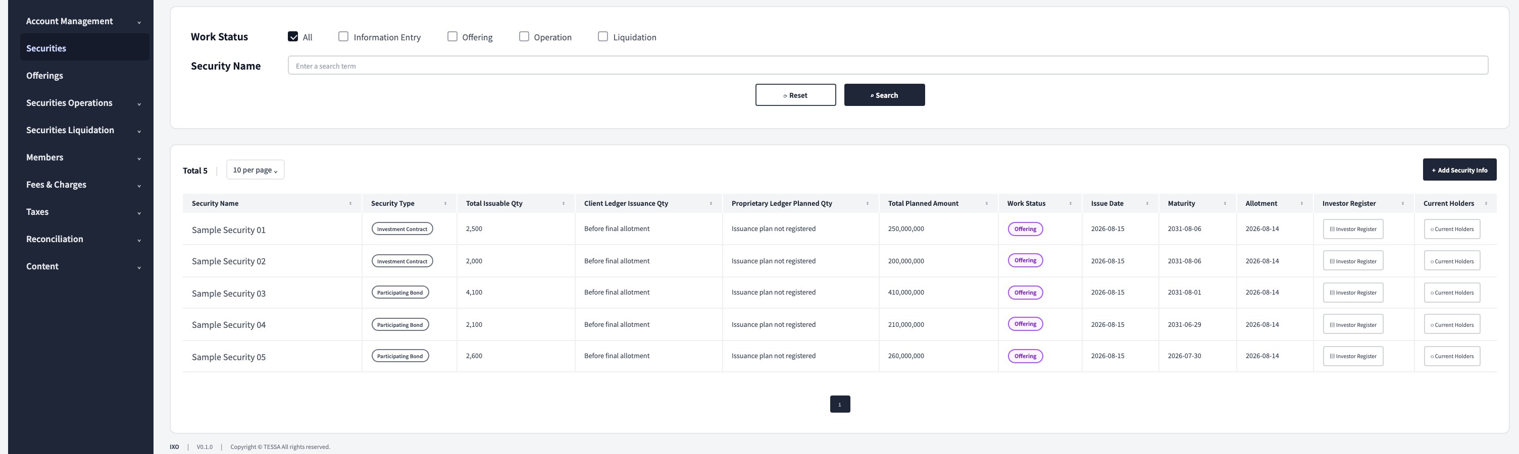 Security-by-Security Operations screen